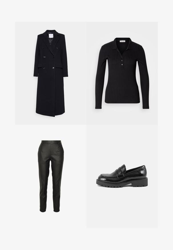Samsøe Samsøe COAT - Mantel - black; Zwarte lange mouwen polo shirt van ribstof, met een kraag, drie knoopsluiting en een slim-fit ontwerp.; Zwarte, hoog getailleerde, slimfit nep leren broek met riemlussen en voorplooien, enkelhoogte en op maat gesneden.; Zwarte laarsjes van patentaal leer met een gestructureerde neus, een decoratieve band over de wreef en een dikke, robuuste zool. Gladde, glanzende afwerking.