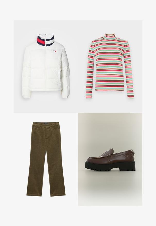 Hvid oppustelig jakke med høj krave, der har et accent i navy, rød og hvid stribe. Centerfront lynlås og sidelommer. Glat tekstur.; Langærmet rullekravetrøje i ribstrikket stof med skiftevis horisontale striber i røde, blå, grønne, brune og beige farver.; Olivengrønne fløjl bukser med flared ben, fem lommer, synlig syning og knaplukning i taljen for en sikker pasform.; Brun læderloafer med tyk sort rillesål og syningsdetaljer på en neutral baggrund.