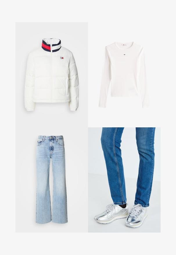 Doudoune blanche avec un col montant, ornée d'un accent rayé bleu marine, rouge et blanc. Fermeture éclair au centre devant et poches latérales. Texture lisse.; T-shirt blanc à manches longues en côte avec un petit logo rectangulaire rouge, blanc et bleu centré près du col.; Jeans larges bleu clair en denim délavé, taille haute et design classique à cinq poches. Présente une fermeture à bouton et à glissière.; Baskets métalliques argentées avec une texture lisse, bout rond et semelle en caoutchouc blanche, associées à un jean bleu ajusté avec des coutures discrètes.