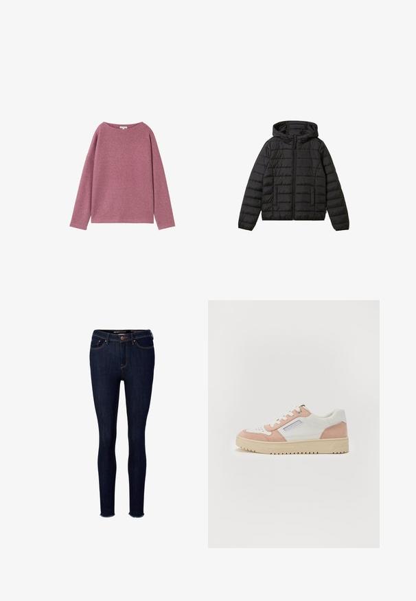 Sort quiltet hættejakke med frontlynlås og sidelommer, lange ærmer og vandrette syninger.; Langærmet, løstsiddende sweater i et blødt pink strikmateriale. Rund halsudskæring og sænkede skuldre med en struktureret overflade.; Mørk denim skinny jeans med høj talje, ravnet kant og orange syninger. Har en frontlynlås, knaplukning og fem lommer.; Hvide og lyserøde sneakers i glat læder og ruskind, rund tå, flad sål og tonale snørebånd. Har sidebranding-detalje.