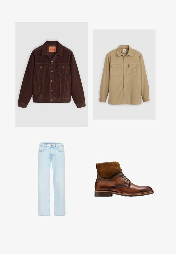 Chaqueta de pana marrón con cuello puntiagudo, dos bolsillos en el pecho, bolsillos laterales y botones a presión en el frente. Tejido texturizado con patrón de acanalado.; Camisa abotonada color marrón hecha de tela texturizada, con cuello, dos bolsillos en el pecho y mangas largas con puños abotonados.; Los jeans de denim azul claro cuentan con un diseño de pierna recta, con un cierre de botón clásico, cinco bolsillos y un ligero desgastado para aportar textura.; Kazar ALID - Botines con cordones - brown