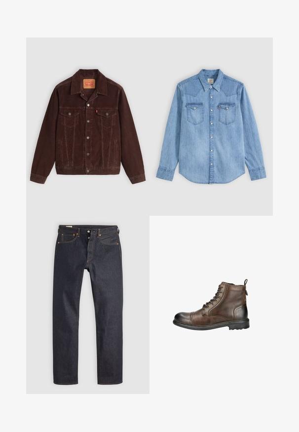 Veste en velours côtelé marron avec un col pointu, deux poches poitrine, des poches latérales et des boutons-pression sur le devant. Tissu texturé avec un motif côtelé.; Chemise en denim bleu clair à manches longues, col pointu, deux poches poitrine avec rabats et boutons pression blancs à l'avant.; Jean en denim bleu foncé à coupe droite, avec des coutures orange et un style classique à cinq poches. Fermeture par bouton et braguette à glissière.; Bottine en cuir marron avec un bout arrondi, un laçage à l'avant et une languette à l'arrière. Dispose d'une semelle robuste avec un motif pour l'adhérence.