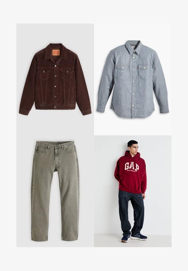 Chaqueta de pana marrón con cuello puntiagudo, dos bolsillos en el pecho, bolsillos laterales y botones a presión en el frente. Tejido texturizado con patrón de acanalado.; Camisa de manga larga a rayas azules y blancas, con botones delanteros, dos bolsillos en el pecho, cuello, tela suave, ajuste estándar, diseño clásico.; Vaqueros grises de pierna recta con bolsillos delanteros y traseros, trabillas para cinturón y cierre de botón, colocados planos sobre un fondo blanco.; Sudadera color burdeos con "GAP" y "TIMES SQUARE" impresos en crema, combinada con pantalones rayados en azul marino y zapatillas azul marino con detalles en blanco.