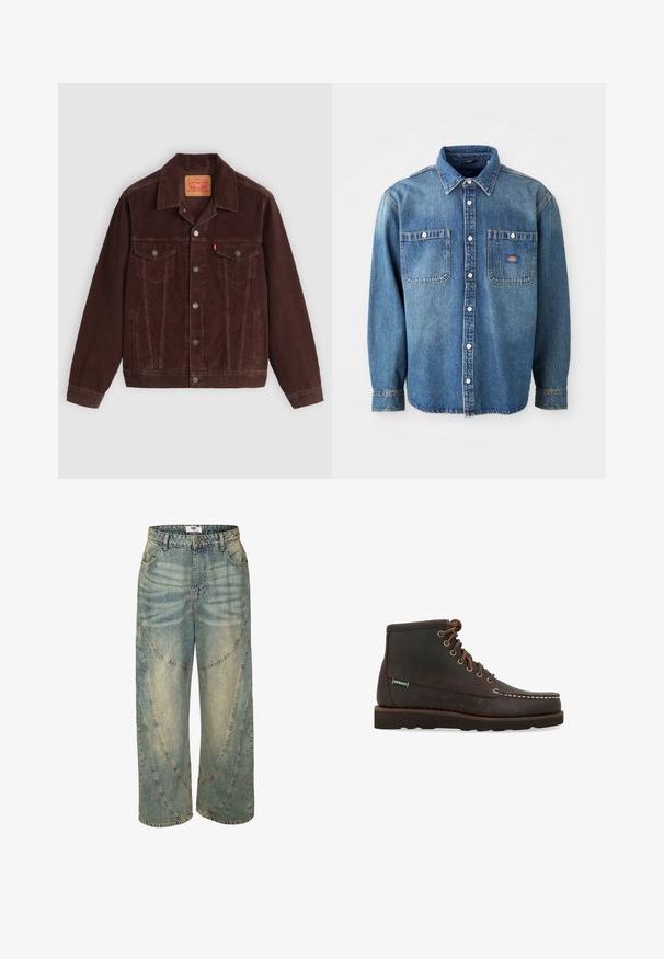 Veste en velours côtelé marron avec un col pointu, deux poches poitrine, des poches latérales et des boutons-pression sur le devant. Tissu texturé avec un motif côtelé.; Chemise en denim bleu moyen, dotée d'un col pointu, de deux poches poitrine et de boutons argentés. Manches longues avec poignets à boutons.; Jean large bleu clair avec une taille haute, présentant des détails de coutures courbes et des ourlets terminés. Fabriqué en denim avec des zones délavées.; Sebago Bottines à lacets - marrone