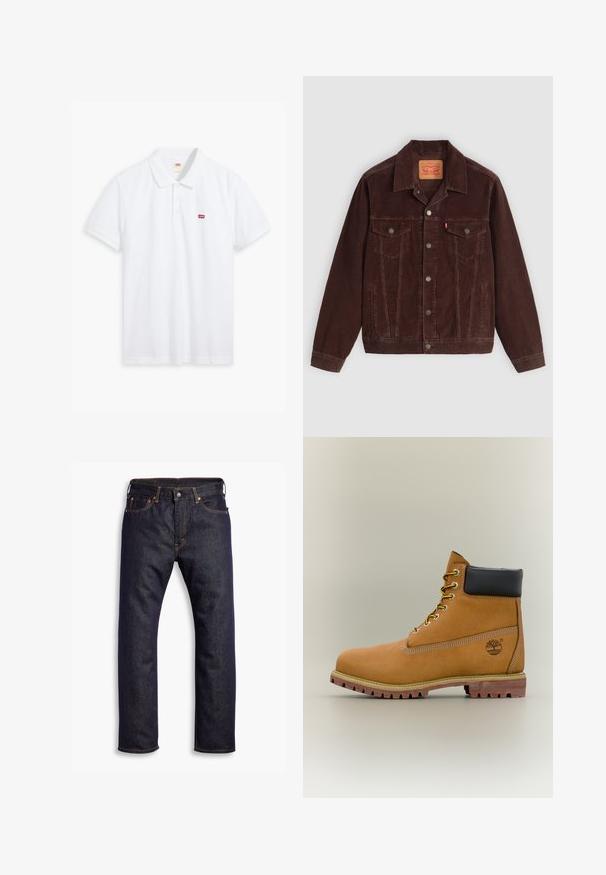 Bruine corduroy jas met een puntige kraag, twee borstzakken, zijzakken en drukknopen aan de voorkant. Textiel met een geribbelde structuur.; Witte polo shirt van katoen. Voorzien van een drie-knopen sluiting, korte mouwen en een klein rood Levi's logo op de linkerborst.; Donkerblauwe recht gesneden denim jeans met vijf zakken en oranje contrasterende stiknaden, plat gelegd op een witte achtergrond.; Bruine leren enkellaars met zwarte kraag, gele veters en een zandkleurige zool. Voorzien van een logo en witte stikseldetails. Robuuste loopzool met grip.