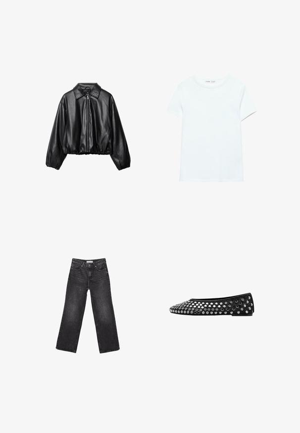 Veste en cuir noir ajustée avec un col, fermeture éclair sur le devant et ourlet élastiqué ; dispose de manches larges et rembourrées pour un ajustement décontracté.; T-shirt blanc uni en coton à manches courtes, col rond, présenté à plat sur un fond blanc, sans motifs ni logos visibles.; Jean noir à jambes larges avec poches avant et arrière, fermeture par bouton et passants de ceinture, posé à plat sur fond blanc.; Chaussure plate noire avec un bout arrondi et des embellissements cloutés. Le matériau supérieur est lisse, avec un accent texturé près du bout.