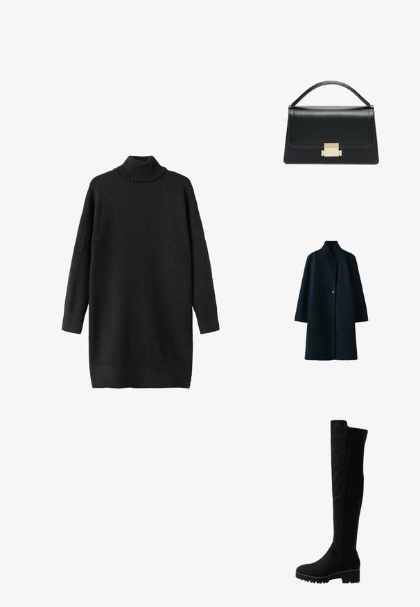 Langer schwarzer Mantel mit hohem Kragen und zwei sichtbaren vorderen Knöpfen, dargestellt vor weißem Hintergrund.; Schwarzer Rollkragenpullover aus weichem, strukturiertem Strickstoff. Hat einen lockeren Schnitt und lange Ärmel, mit gerippten Akzenten am Kragen und Saum.; Schwarze Overknee-Stiefel aus weichem Wildleder mit flacher Sohle, abgerundetem Zehenbereich und elastischen Seiteneinsätzen für ein einfaches An- und Ausziehen.; Schwarze Lederhandtasche mit strukturiertem Design, oberem Griff und einem goldenen Metallschnappverschluss auf der Vorderseite. Glatte Textur, minimale Nähte.