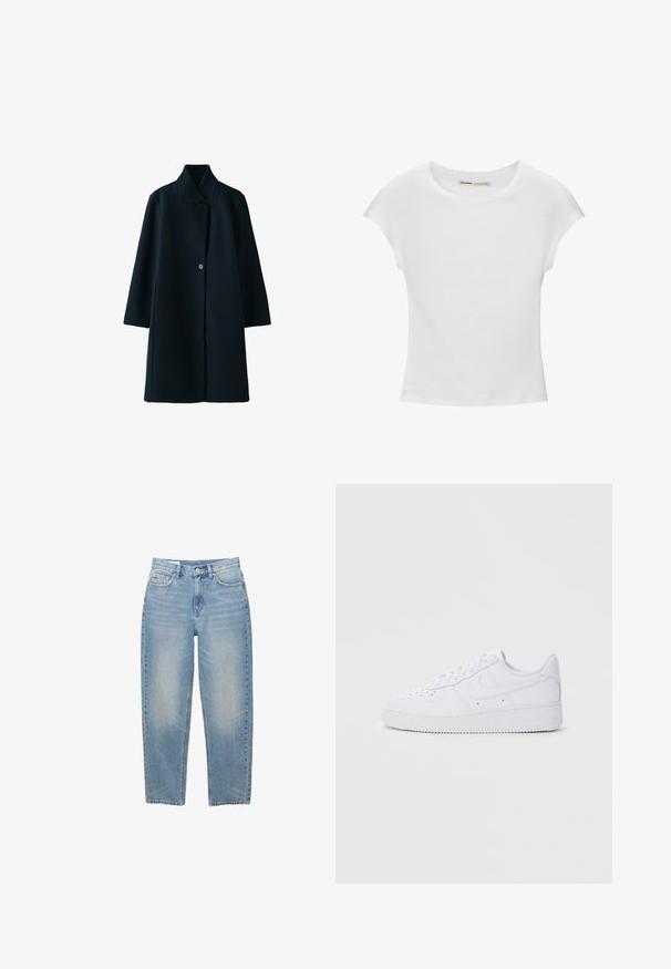 Lange zwarte jas met een hoge kraag en twee zichtbare voorste knopen, getoond tegen een witte achtergrond.; Witte katoenen T-shirt met korte, opgerolde mouwen, een ronde halslijn en een rechte zoom. Gladde textuur zonder zichtbare patronen of accenten.; Lichtblauwe denim jeans met rechte pijpen, voorzien van een knoopsluiting aan de voorkant, rits en vijf zakken, afgebeeld tegen een witte achtergrond.; Witte Nike Air Force 1 sneakers met een leren bovenwerk, ronde neus, vetersluiting, gewatteerde kraag en textuurrubberzool.
