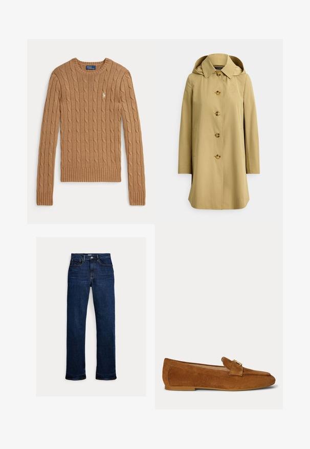 Imperméable beige avec capuche, fermeture à boutons et poches latérales. Comprend des boutons dorés et un logo brodé discret sur la poitrine.; Pull en maille torsadée couleur chameau avec manches longues, poignets et ourlet côtelés. Présente un petit logo brodé sur la poitrine.; Jean droit en denim bleu foncé avec bouton et fermeture éclair à l'avant, design à cinq poches et coutures visibles.; Mocassin plat en daim marron avec un détail de boucle en métal doré sur le dessus et une semelle à petit talon.