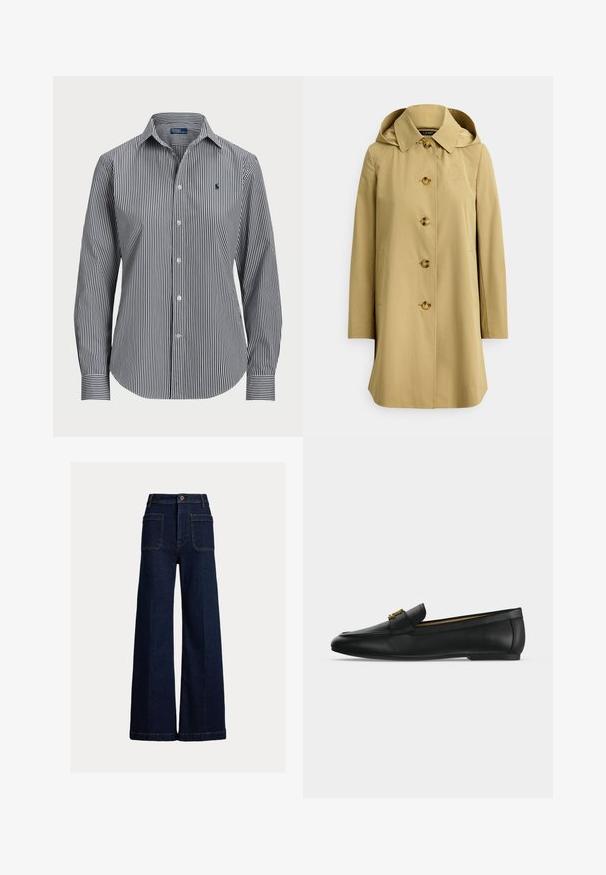 Beige regnfrakke med hætte, knappelukning og sidelommer. Har guldtonede knapper og en diskret broderet logo på brystet.; Stribet skjorte med knapper, der har lodrette marineblå og hvide striber, lange ærmer, spidse kraver og et lille logo på brystet.; Mørkeblå vidde cowboybukser med forlommer, bæltestropper og knaplukning på en enkel lys baggrund.; Sort læderloafer med guldfarvet metalspænde på toppen, flad sål og syning langs overkanten.
