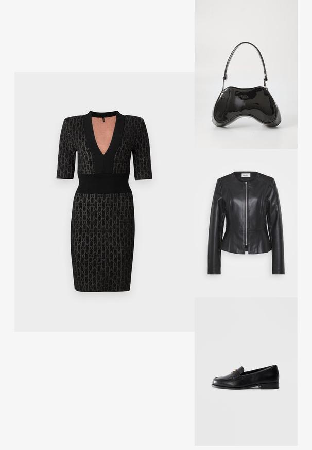 Schwarze Lederjacke mit taillierter Passform, hohem Kragen und langen Ärmeln. Verfügt über einen Frontreißverschluss und Nahtdetails. Akzentuiert mit einem Peplum-Taille.; Schwarzes Strickkleid mit tiefem V-Ausschnitt, kurzen Ärmeln und tailliertem Oberteil. Verfügt über ein strukturiertes Muster und gerippte Akzente am Ausschnitt und der Taille.; Schwarze Lederloafers mit flachem Absatz und goldenem dekorativem Emblem auf dem Riemen, präsentiert auf einem schlichten hellgrauen Hintergrund.; Schwarze Handtasche aus lackiertem Leder mit einer einzigartigen, geschwungenen Form, kurzem verstellbarem Griff und einem Reißverschluss oben. Glatte Textur mit dezentem Branding.