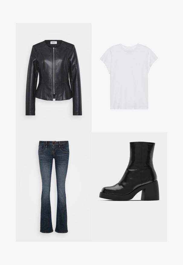 Zwarte leren jas met een getailleerd ontwerp, hoge halslijn en lange mouwen. Voorzien van een rits aan de voorkant en naaddetails. Peplum tailleaccent.; Witte t-shirt met korte mouwen, ronde hals, relaxte pasvorm, gemaakt van zacht katoen. Glad textuur, geen patronen of logo's.; Donkerblauwe uitlopende jeans met een middelhoge taille, vijf zakken en subtiele stiksels. Gemaakt van denim met een gladde textuur.; Zwarte enkellaarzen met een glanzende afwerking, vierkante neus en een dikke blokhak. Het ontwerp heeft een naadloze silhouet en minimale branding.
