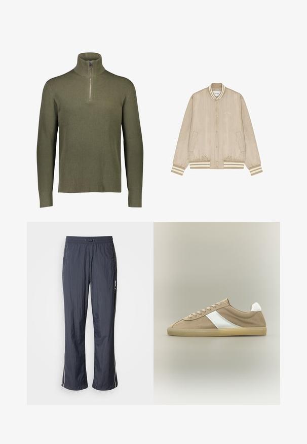 Veste bomber beige en satin avec fines rayures blanches, boutons-pression, col, poignets et bas côtelés rayés, et petit logo "Les Deux" sur la poitrine.; Pull en maille côtelée vert olive avec col montant et fermeture à quart de zip. Il présente des manches longues et une finition texturée.; Pantalons de jogging légers bleu marine avec une taille élastique, des poches latérales et des rayures blanches sur les côtés. Texture lisse.; Baskets en daim marron clair avec semelle beige, languette de talon blanche, bande latérale blanche et fermeture à lacets sur fond neutre.