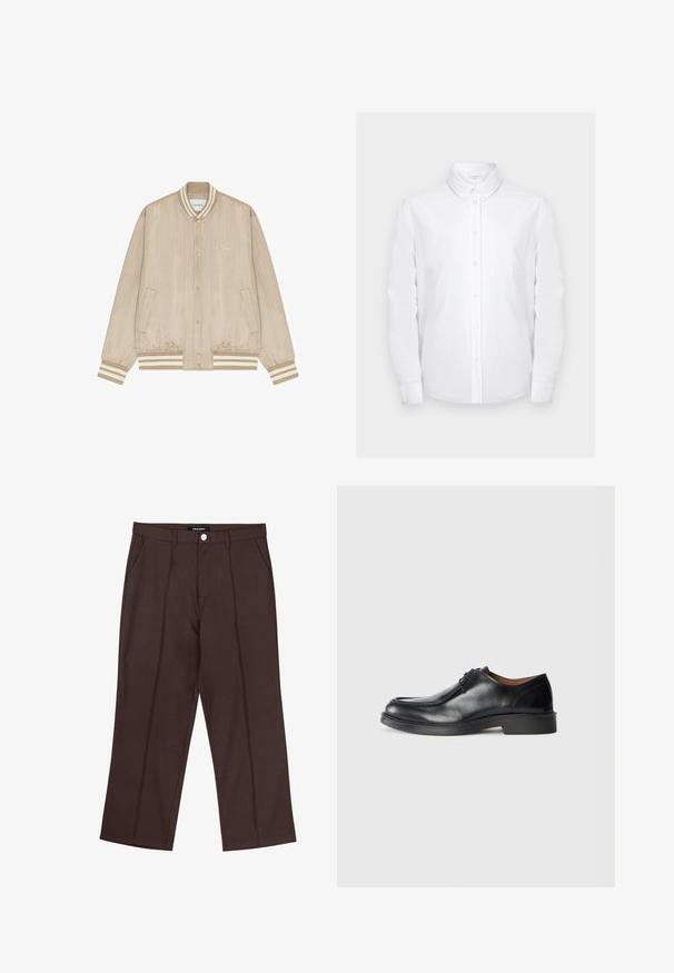 Beige satin bomberjakke med hvide nålestriber, trykknapper, stribet ribkrave, manchetter, kant og lille "Les Deux"-logo på brystet.; Hvid skjorte med lange ærmer, knapper foran, spidst krave og brystlomme, vist på en ensartet lysegrå baggrund.; Brune lige ben bukser med frontfolder, lommer i siden, bæltestropper og en mærke knaplukning i taljen.; Sorte lædersko med rund tå, glat overflade, snøre detaljer og en lav, tekstureret gummisål. Rene linjer og minimalistisk design.