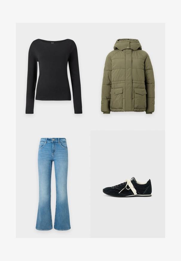 Chaqueta acolchada verde oliva con capucha, que cuenta con un cierre frontal con cremallera, cierres a presión y dos amplios bolsillos frontales. Diseño acolchado texturizado.; Camisa negra de manga larga ajustada con un amplio escote redondo, mostrada contra un fondo blanco liso.; Jeans de campana en denim azul claro con bolsillos frontales, presillas para cinturón y cierre de botón sobre un fondo blanco.; Zapatillas de ante negro con costuras blancas, franjas laterales blancas y cordones desiguales en negro y blanco sobre un fondo blanco.