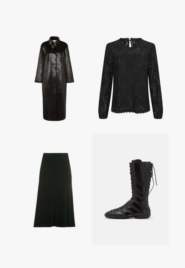 Long manteau noir en cuir synthétique avec un col pointu et des manches longues, présenté sur un fond blanc uni.; Blouse en dentelle noire à manches longues avec un col rond, un ourlet festonné et un dos avec un détail en clé. Motif floral délicat sur l'ensemble.; Jupe A-line noire en velours doux, avec une texture lisse et un design mi-long avec une taille cintrée.; Bottes montantes noires en matériau synthétique brillant, présentant un design de laçage sophistiqué et des accents de rayures diagonales sur les côtés.