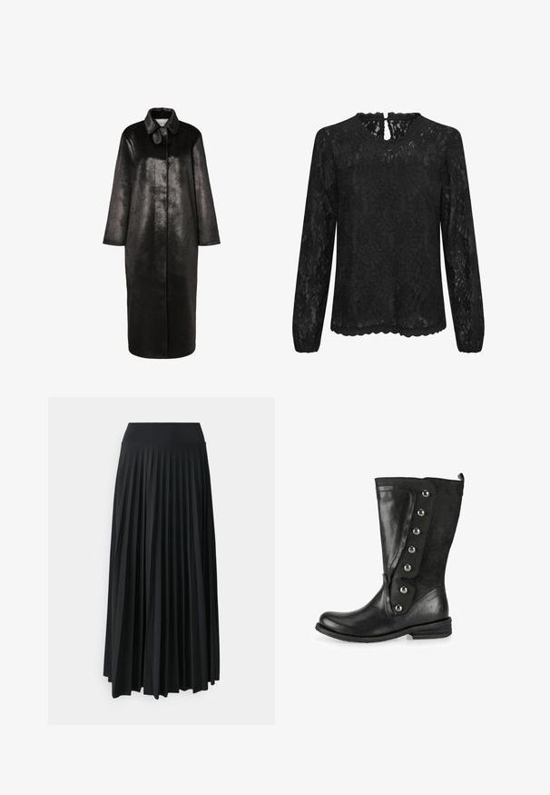 Abrigo largo negro de cuero sintético con cuello puntiagudo y mangas de longitud completa, mostrado sobre un fondo blanco liso.; Blusa de encaje negro de manga larga con escote redondo, dobladillo festoneado y detalle de ojal en la parte trasera. Patrón floral delicado en toda la prenda.; Falda maxi negra con pliegues y cinturilla elástica ancha. Fabricada con un tejido suave y fluido, presenta pliegues verticales para añadir textura.; Botas negras hasta la rodilla hechas de cuero y gamuza. Cuentan con botones metálicos en el costado, punta redonda y un tacón bajo apilado.