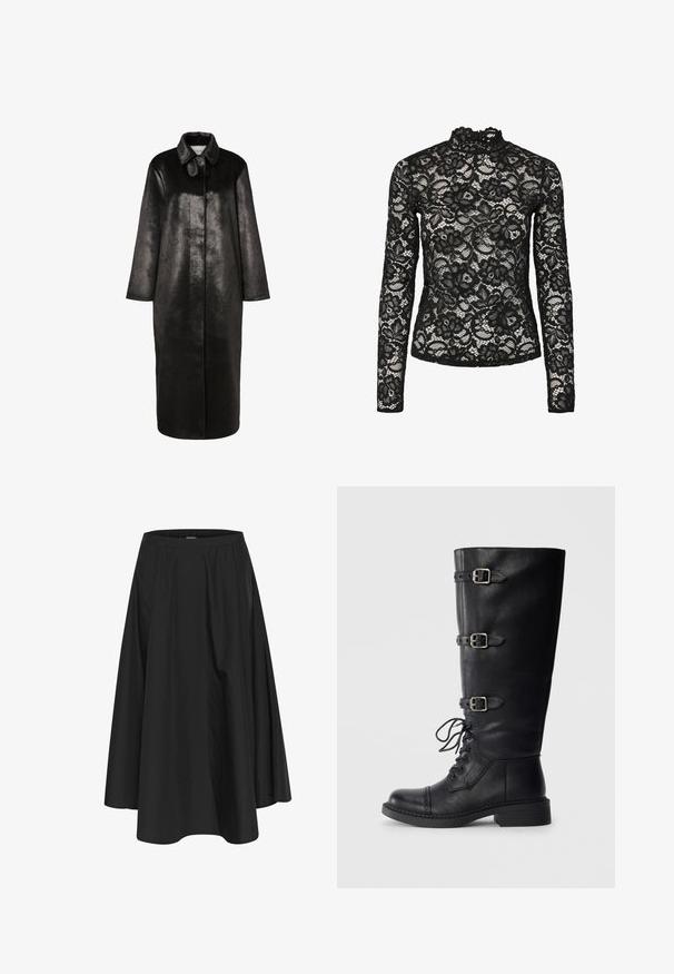 Long manteau noir en cuir synthétique avec un col pointu et des manches longues, présenté sur un fond blanc uni.; Haut en dentelle noire à manches longues avec col haut agrémenté d'une bordure à volants, motifs floraux et texture transparente. Conçu pour un ajustement près du corps.; Jupe noire mi-longue avec une taille élastique, dotée de plis pour plus de volume et d'une texture lisse. Design simple et classique sans embellissements.; Bottines en cuir noir, hautes jusqu'au genou, avec un laçage sur le devant, trois accents de boucles, un bout rond et un petit talon carré. Texture lisse avec une finition mate.