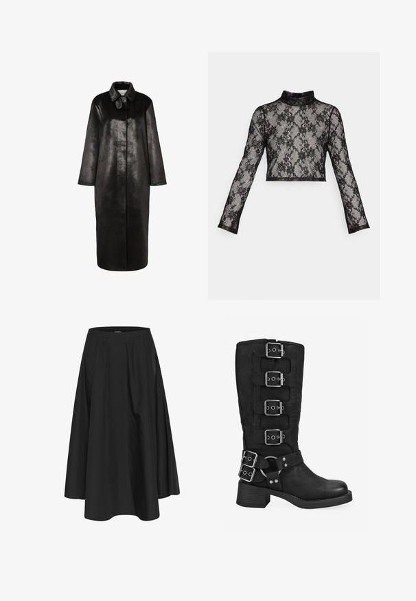 Abrigo largo negro de cuero sintético con cuello puntiagudo y mangas de longitud completa, mostrado sobre un fondo blanco liso.; ONLY ONLHELENA HIGH NECK LACE - Camiseta de manga larga - black; Falda negra hasta la rodilla con cintura elástica, con pliegues para dar volumen y una textura suave. Diseño simple y clásico sin adornos.; Bota negra hasta la mitad de la pantorrilla con cuatro hebillas plateadas en la caña, dos hebillas cerca del tobillo y un tacón bajo y cuadrado.