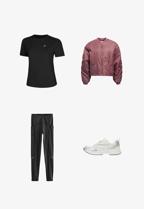 Orezaná bomber bunda v farbe mauve, vyrobená z hladkej saténovej látky. Má predný zips, bočné vrecká a elastické manžety.; Čierne atletické tričko vyrobené z hladkej tkaniny, so zaobleným výstrihom a krátkymi rukávmi. Obsahuje reflexné logo na ľavej prednej strane.; Čierne športové legíny s vysokým pásom, bočnými vreckami a reflexnými pásikmi pri lýtkach, zobrazené na bielom pozadí.; Biela športová teniska s textilnou sieťovinou a syntetickými prekrytiami, so šnurovaním, hrubou podrážkou a ťahákom na päte, zobrazená v bočnom profile.