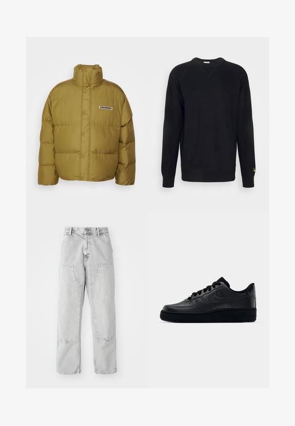 Converse SUPER PUFFY PADDED JACKET - Zimná bunda - cosmic turtle; Čierna mikina s textúrovanou tkaninou, okrúhlym výstrihom a dlhými raglánovými rukávmi. Obsahuje malé zlaté logo na spodnej časti rukáva.; Svetlosivé džínsy s voľným strihom, ktoré majú veľké bočné vrecká, viditeľné švy a rovný strih nohy. Pás s pútkami na opasok.; Čierne tenisky Nike Air Force 1 s hladkým koženým zvrškom, perforovanou špičkou pre priedušnosť, čiernymi šnúrkami a textúrovanou gumovou podrážkou.