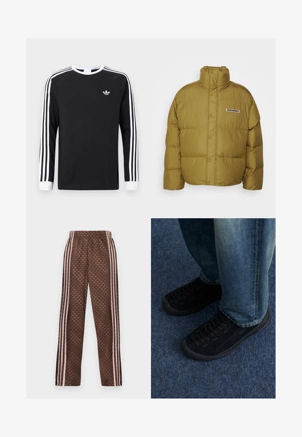 Converse SUPER PUFFY PADDED JACKET - Vinterjakker - cosmic turtle; Sort langærmet T-shirt med hvidt trestribet design på ærmerne. Har rund halsudskæring og et lille hvidt logo på brystet.; Brune træningsbukser med lyserøde lodrette striber på siderne og et gentaget løvmønster over det hele, elastisk talje, lige ben pasform.; Sorte ruskindssneakers med tekstureret overflade, diskret snøring og holdbare gummisåler, parret med blå denim jeans.
