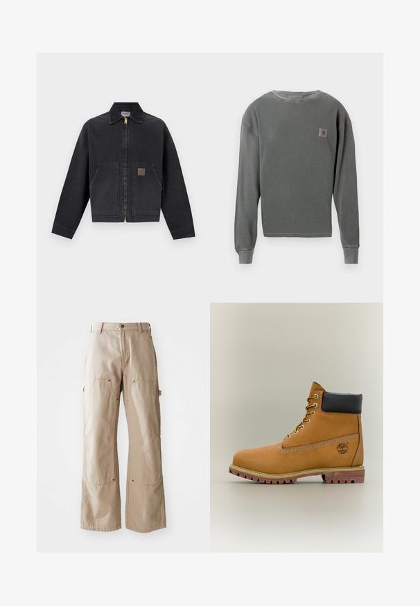 Veste noire zippée avec col pointu, deux poches avant, dont une avec une petite écusson logo marron, manches longues et ourlet droit.; Sweatshirt gris à manches longues et col rond avec une texture côtelée, featuring un petit patch logo carré sur la poitrine gauche et des poignets côtelés.; Pantalons larges beige en coton robuste. Comprend des poches avant et latérales, des coutures visibles et des accents en métal sur les poches.; Bottine en cuir marron avec col noir, lacets jaunes et semelle beige. Présente un logo et des détails de couture blanche. Semelle extérieure à traction robuste.