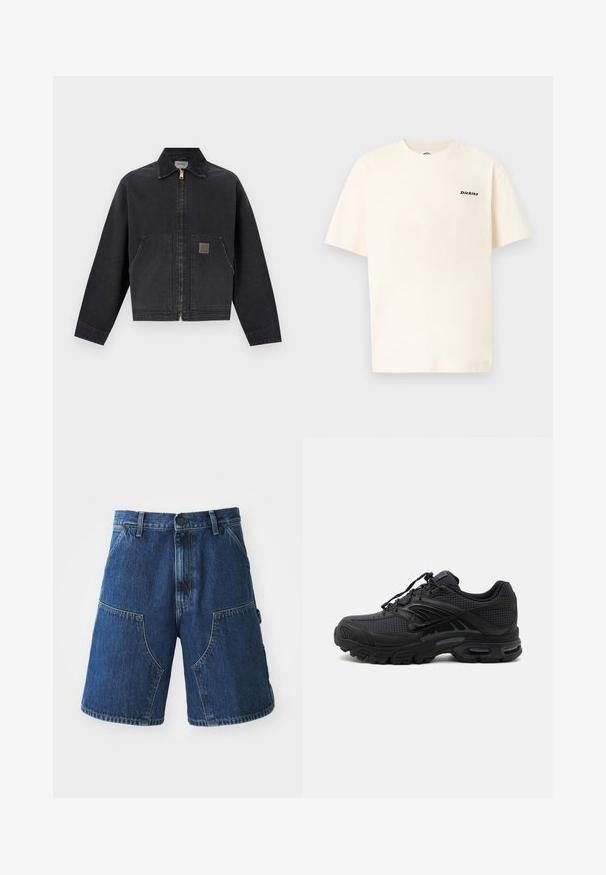 Veste noire zippée avec col pointu, deux poches avant, dont une avec une petite écusson logo marron, manches longues et ourlet droit.; T-shirt en coton de couleur crème avec manches courtes, arborant un petit logo noir "Dickies" sur le côté gauche de la poitrine. Coupe simple et décontractée.; Shorts en denim avec un lavage bleu foncé, dotés de grandes poches frontales, d'une fermeture à bouton et de coutures visibles le long des coutures.; Baskets de sport noires avec tissu texturé, semelle épaisse et rembourrée, aérations et fermeture à lacets, vues de profil sur fond clair.