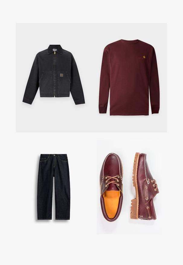 Veste noire zippée avec col pointu, deux poches avant, dont une avec une petite écusson logo marron, manches longues et ourlet droit.; T-shirt à manches longues rouge foncé à col rond avec logo Carhartt jaune et rouge brodé sur la partie supérieure gauche de la poitrine.; Jean en denim bleu foncé à coupe droite avec couture jaune, poches avant et fermeture par bouton à la taille.; Chaussures en cuir bourgogne avec semelles en caoutchouc marron, bout rond, couture blanche et œillets dorés. L'intérieur présente une doublure jaune.