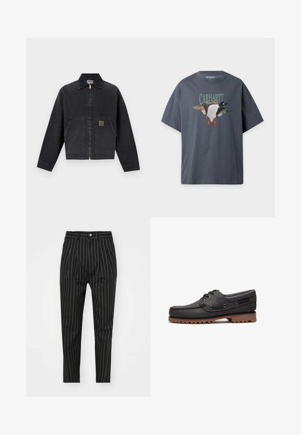 Sort lynlåstrøje med spids krave, to forlommer, hvoraf den ene har en lille brun logopatch, lange ærmer og en lige kant.; Mørkegrå Carhartt t-shirt med grafik af en flyvende and og teksten "CARHARTT Work in Progress" på forsiden.; Sorte pinstribede bukser med en skræddersyet pasform, der har lukning med frontknap, bæltestropper og en glat stofstruktur.; Sort læder bådsko med snøredetaljer, rund tå, struktureret brun gummisål og sydd læderside.