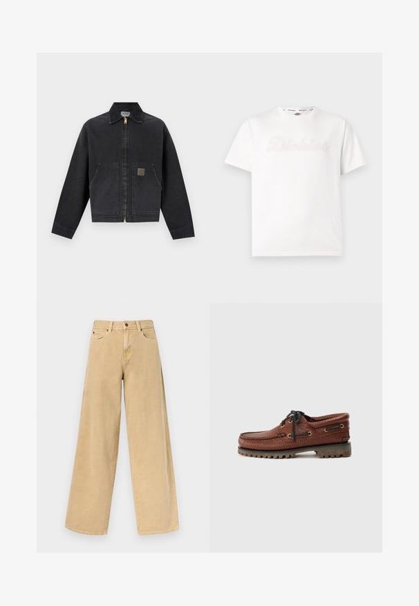 Sort lynlåstrøje med spids krave, to forlommer, hvoraf den ene har en lille brun logopatch, lange ærmer og en lige kant.; Hvid t-shirt med korte ærmer med diskret præget "Dickies" logo foran og mærket indvendig kravebånd.; Beige, højttaljede bukser med vide ben, forrest med knap og lynlås, bæltestropper og forlommer på en ensfarvet baggrund.; Brune læder bådsko med struktureret overdel, sorte snørebånd og gyldne øjer. Har en holdbar, rillede gummisål.