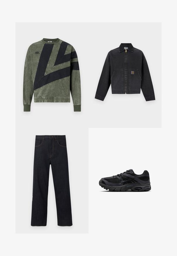 Sort lynlåstrøje med spids krave, to forlommer, hvoraf den ene har en lille brun logopatch, lange ærmer og en lige kant.; Langærmet sweatshirt i grøn og sort farveblok med ribbede manchetter og krave, med Umbro-logo på venstre bryst.; Mørkeblå jeans med lige ben, lukkes foran med knapper og lynlås, med lommer og orange kontrastsyninger.; Sort og mørkegrå Nike løbesko med mesh-stof, ruskindsoverlejring, polstret sål og synlige luftenheder i hæl og forfod.