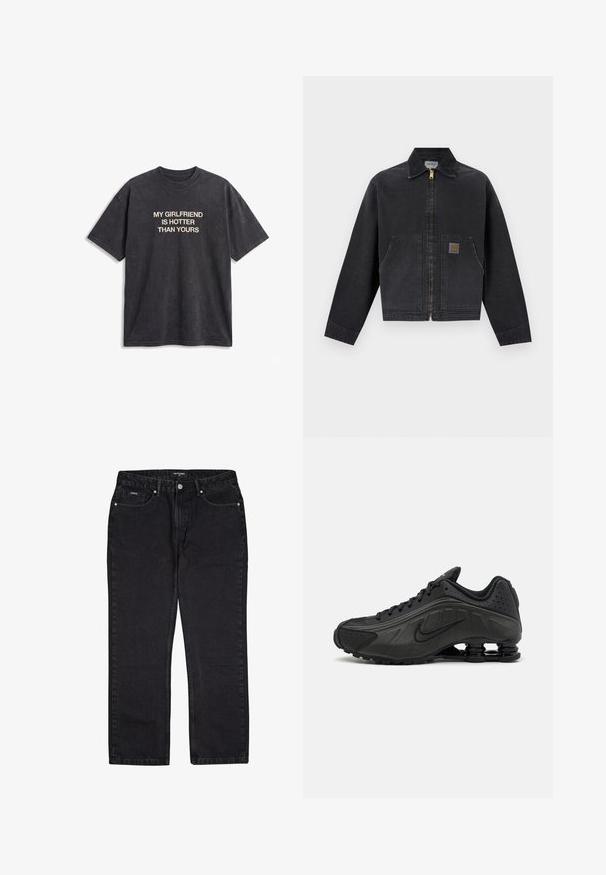 Black zip-up jacket with pointed collar, two front pockets, one featuring a small brown logo patch, long sleeves, and a straight hem.; Black short-sleeve T-shirt with beige text "MY GIRLFRIEND IS HOTTER THAN YOURS" centered on the front against a white background.; Black denim jeans with a straight leg design, five pockets, and silver hardware. The fabric has a soft texture with a subtle sheen.; Black running shoes featuring a smooth synthetic upper, perforated accents, textured side panels, and a distinct springy sole.