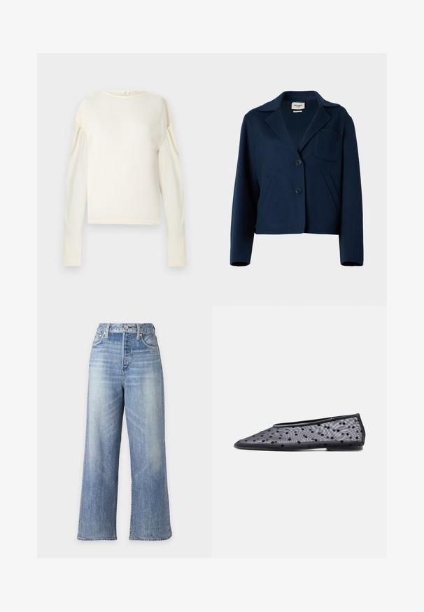 Veste courte en laine bleu marine avec col cranté, deux boutons, poches latérales et poche plaquée poitrine.; Tunique crème à manches longues en tissu doux. Elle présente un col rond et des manches bouffantes. Design simple, sans motifs ni éléments métalliques visibles.; Jean bleu clair taille haute à jambes larges avec poches avant, passants de ceinture et fermeture par bouton, présenté sur un fond blanc uni.; Chaussure plate noire à bout pointu, en tissu transparent avec un motif à pois noirs sur un fond clair.