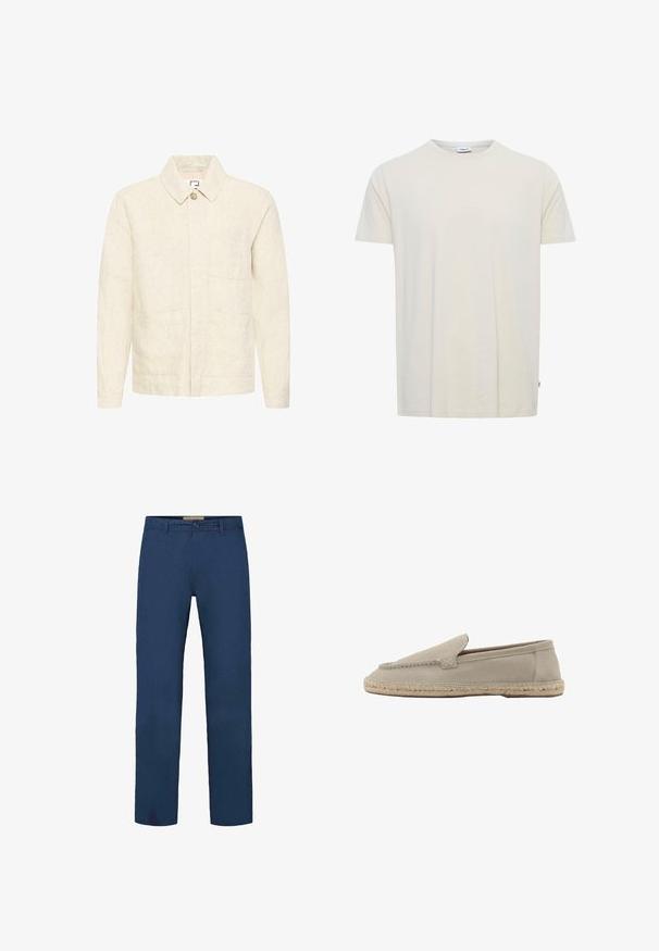 Veste beige à manches longues avec col, fermeture à bouton unique et trois poches plaquées à l'avant, confectionnée dans un tissu texturé.; T-shirt uni écru à manches courtes et col rond, avec une petite étiquette au col et une étiquette latérale à l'ourlet.; Pantalon en coton bleu marine avec une coupe droite, doté d'une fermeture à boutons à l'avant et de poches latérales visibles. Texture lisse.; Mocassin beige en daim à enfiler avec semelle en jute tressée, détails cousus le long des bordures supérieures, talon plat et bout rond.