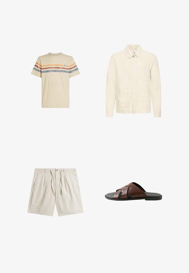 Beige lange mouwen jas met een kraag, sluiting met een enkele knoop en drie zakken aan de voorkant, gemaakt van een gestructureerde stof.; Crème katoenen t-shirt met horizontale strepen in oranje, rood en blauw. Korte mouwen, ronde halslijn en een klein logo detail op de borst.; Beige linnen korte broek met knoop- en koordsluiting, plooien aan de voorkant, zijzakken en riemlussen.; Bruine leren herensandaal met gekruiste bandjes en zwarte zool, zijaanzicht op witte achtergrond.