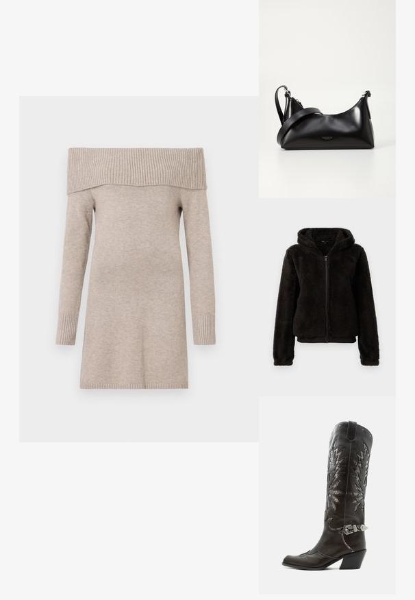 Zwarte fleece zip-up jas met een capuchon, met een pluche textuur, elastische manchetten en een tailleband voor een snug fit.; Beige off-shoulder trui, gebreide textuur, lange mouwen, geribbelde halslijn en boorden, lengte tot halverwege de dijen, gladde stofafwerking.; Zwarte leren cowboylaars met decoratieve uitsnijdingen, zilveren gesp en schuine hak, weergegeven op een witte achtergrond.; Zwarte leren handtas met een gladde textuur. Beschikt over een verstelbare schouderband en een strak, minimalistisch ontwerp met een ritssluiting.