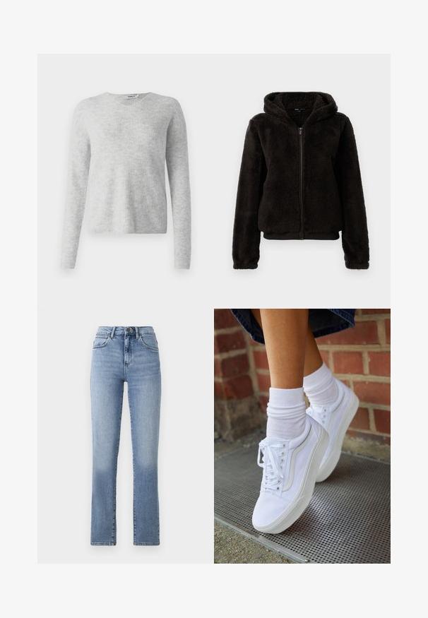 Sort fleece zip-up jakke med hætte, der har en blød tekstur, elastiske manchetter og et bånd i taljen for en tætsiddende pasform.; Grå strikket sweater med ribbet tekstur, lange ærmer og V-halsdesign. Enkel og minimalistisk fremtoning.; Blå denim straight-leg jeans med høj talje, med en bleget vask, standard for- og baglommer samt bælteløkker.; Hvide lærreds sneakers med gummisåler, der har seks snørehuller, rund tå og let sømdetaljer, krydret med hvide ankelstrømper.