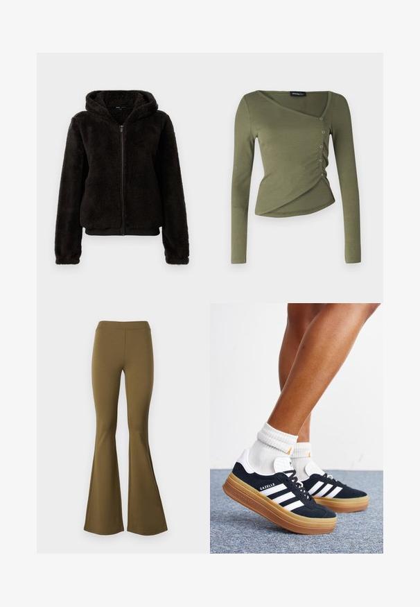 Veste zippée en fleece noir avec capuche, dotée d'une texture douce, de poignets élastiques et d'une ceinture pour un ajustement confortable.; Haut à manches longues, vert olive, en tissu côtelé. Présente un design drapé avec un col en V et des boutons sur le côté le long de l'ourlet superposé.; Pantalons évasés taille haute en vert olive. Fabriqués en tissu extensible, ils présentent une texture lisse et un bas en cloche large à partir du genou.; Jambes portant des chaussettes blanches et des baskets Adidas Gazelle noires avec des bandes blanches et des semelles épaisses marron sur un sol recouvert de moquette grise.