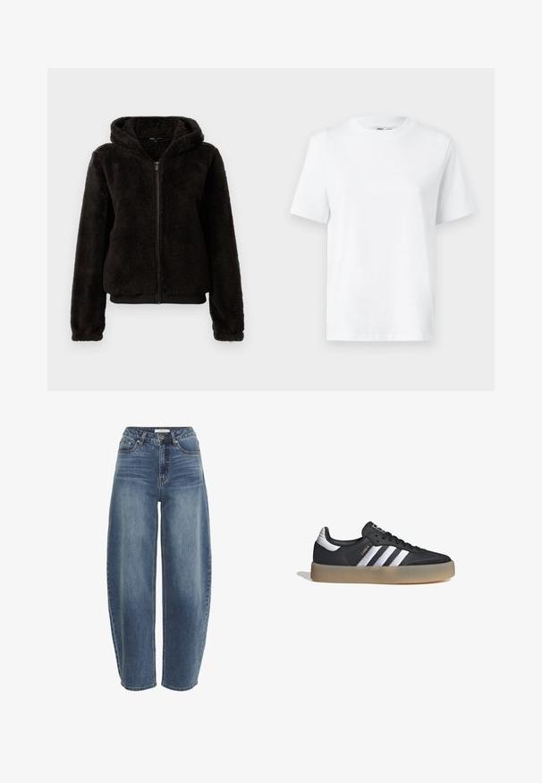 Chaqueta de forro polar negra con cierre de cremallera y capucha, que presenta una textura suave, puños elásticos y una cinturilla para un ajuste ceñido.; Camiseta de algodón blanca de cuello redondo con mangas cortas y una textura suave. Diseñada con un ajuste relajado para mayor comodidad y versatilidad.; Jeans de mezclilla azul de tiro alto y corte holgado, con cierre de botón, cinco bolsillos y un ligero desgastado en la tela.; Zapatilla deportiva de cuero negro con tres rayas plateadas, punta texturizada y suela de goma. Cuenta con un collar acolchado y un diseño con cordones.