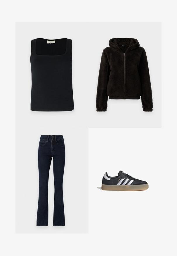 Chaqueta de forro polar negra con cierre de cremallera y capucha, que presenta una textura suave, puños elásticos y una cinturilla para un ajuste ceñido.; Top sin mangas negro con escote cuadrado, hecho de una tela suave. Diseño simple sin patrones ni acentos visibles.; Jeans acampanados de un azul oscuro con cintura alta, cierre de dos botones, cinco bolsillos y una textura de denim suave.; Zapatilla deportiva de cuero negro con tres rayas plateadas, punta texturizada y suela de goma. Cuenta con un collar acolchado y un diseño con cordones.
