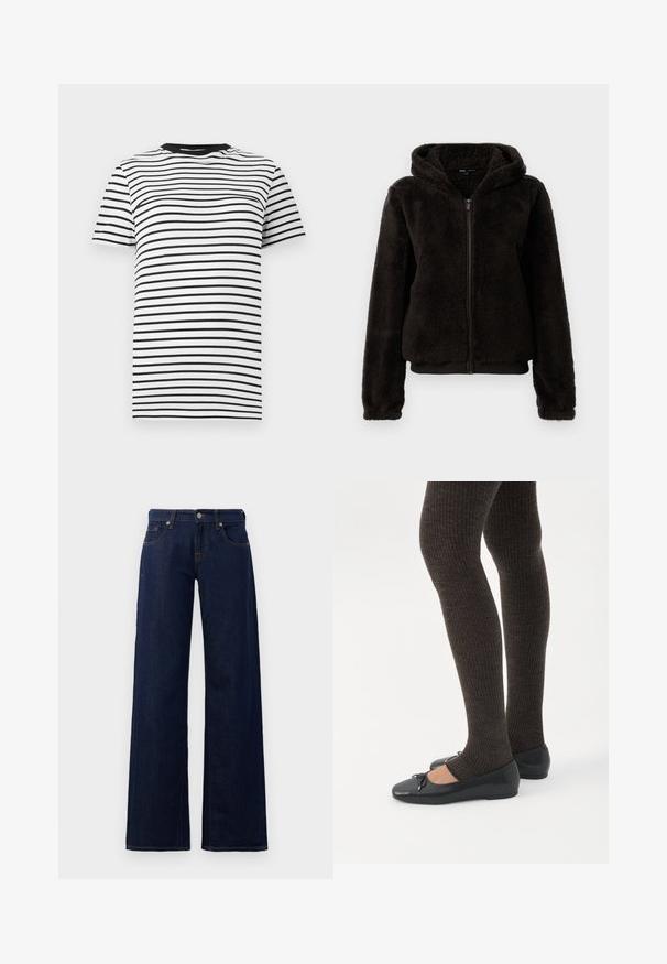 Zwarte fleece zip-up jas met een capuchon, met een pluche textuur, elastische manchetten en een tailleband voor een snug fit.; Zwart-witte gestreepte T-shirt van zachte stof. Heeft een ronde hals en korte mouwen, met gelijkmatig verdeelde horizontale strepen.; Wijdvallende jeans van donkerblauwe denim, met een standaard vijf-pocket ontwerp, koperen stiksels en een knoopsluiting in de tailleband.; Benen met donkere geribbelde leggings gecombineerd met zwarte ballerina's met kleine strikdetails op een witte achtergrond.