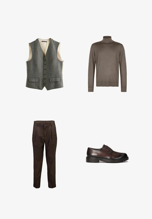 Grå herringbone uldvest med en klippet krave, seks brune knapper, to forlommer og en cremet foring indeni.; Brun turtleneck sweater lavet af glat stof, med en tætsiddende hals, lange ærmer og ribbede manchetter og kant.; Brune formelle bukser med en knapfast talje, forlommer og lige ben, vist mod en hvid baggrund.; Brune lædersko til mænd med en glat finish, rund tå og snørebånd. Har en robust sort gummisål med godt greb.