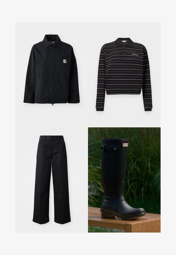 Veste noire en tissu robuste avec une coupe droite, dotée d'une fermeture à boutons, de poches latérales et d'une poche poitrine avec un écusson logo.; Polo à manches longues noir avec de fines rayures horizontales blanches et violettes, deux boutons, et un petit logo blanc sur le côté gauche de la poitrine.; Pantalons larges noirs en tissu de coton doux. Dotés d'une taille classique, de poches latérales et d'une coupe droite jusqu'à l'ourlet.; Botte en caoutchouc noire avec un bout rond et une semelle texturée. Elle présente un détail de boucle et une étiquette de marque sur le dessus. Surface lisse et design haut.
