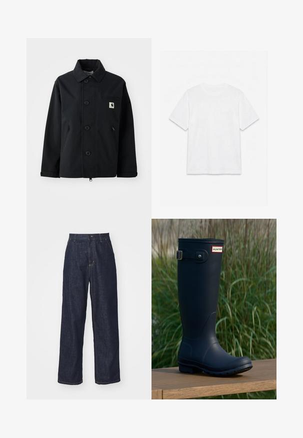 Zwarte jack gemaakt van stevig materiaal met een rechte snit, voorzien van een knoopsluiting aan de voorkant, zijzakken en een borstzak met een logopatch.; Effend wit T-shirt met korte mouwen en ronde hals, plat gelegd op een witte achtergrond.; Donkerblauwe rechtlopende denim jeans met riemlussen, voorknop en zijzakken op een witte achtergrond.; Marine rubber regenlaars met een ronde neus, gestructureerd oppervlak, verstelbare gesp detail en Hunter logo nabij de bovenkant. Stabiele profielzool.