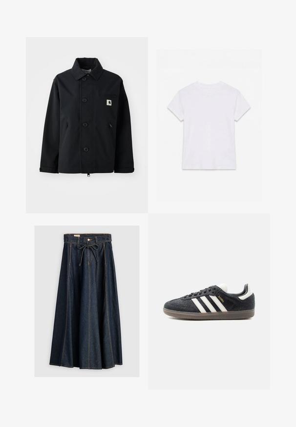 Veste noire en tissu robuste avec une coupe droite, dotée d'une fermeture à boutons, de poches latérales et d'une poche poitrine avec un écusson logo.; T-shirt en coton blanc uni à manches courtes et col rond, étalé à plat sur un fond blanc.; Levi's® XL SKIRT - Jupe en jean - square circle; Baskets Adidas Samba noires avec des bandes blanches, semelle en gomme et texte doré "Samba" sur le côté, vues de profil gauche sur fond uni.