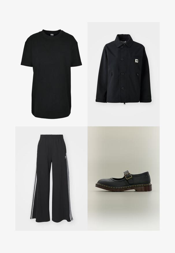 Schwarze Jacke aus robustem Stoff mit geradem Schnitt, ausgestattet mit einer Knopfleiste, Seitentaschen und einer Brusttasche mit einem Logo-Patch.; Schwarzes T-Shirt mit kurzen Ärmeln und Rundhalsausschnitt in Größe XS mit dem Etikett "Urban Classics" innen am Kragen.; Schwarze Hosen mit weitem Bein und elastischem Bund, mit drei weißen Streifen entlang der Außenseiten und einem kleinen Logo vorne.; Schwarzer Mary Jane Lederschuh mit Schnallenriemen, dekorativen floralen Perforationen und einer dicken braunen Sohle mit gelber Naht.