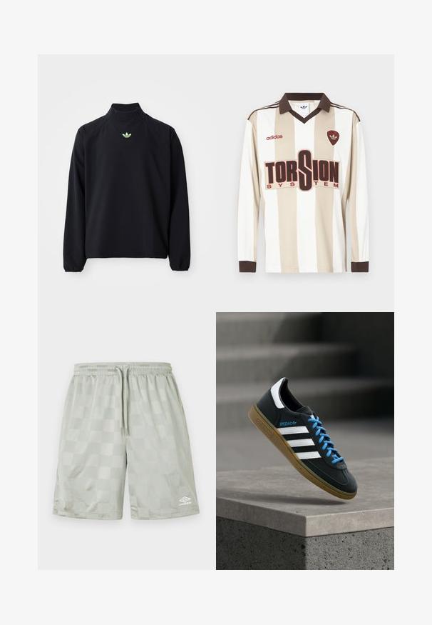 Veste noire en pullover avec des manches longues, un col haut et des poignets élastiques. Présente un petit logo vert sur la poitrine. Tissu lisse et léger.; Maillot de football à manches longues rayé beige et blanc ; doté d'un col et de poignets marron, d'un grand logo rouge "TORSION SYSTEM" et de la marque adidas.; Umbro FOOTBALL SHORT - Pantalon de survêtement - harbor mist; Baskets Adidas noires avec des rayures blanches, des lacets bleus et une semelle en gomme flottant au-dessus d'une marche en béton grise sous une lumière douce.