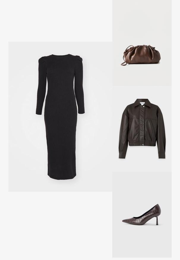 Veste en simili cuir marron foncé avec fermeture à pression sur le devant, détail élastique à la taille, manches longues et col pointu.; Robe maxi noire à côtes, avec des manches longues, un col rond et de légères épaules bouffantes ; fabriquée en matériau extensible pour une silhouette ajustée.; Escarpins à bout pointu en similicuir marron avec une texture crocodile, dotés d’un talon fin et angulaire ainsi que d’une doublure intérieure lisse.; Sacoche en cuir marron doux avec un haut froncé et une fine bandoulière, posée sur un fond blanc.