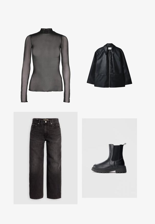 Chaqueta de cuero negra con cierre frontal, gran cuello y dos bolsillos frontales. Presenta una textura suave y un diseño estructurado.; Top negro de manga larga hecho de tela transparente con cuello alto. Presenta un diseño ajustado y sutiles detalles en el dobladillo de los puños y el borde inferior.; Levi's® BAGGY DAD - Vaqueros baggy - shrink up; Botas chelsea negras de cuero liso, con paneles laterales elásticos, una suela gruesa y resistente, y una pestaña en la parte trasera para facilitar el calzado.